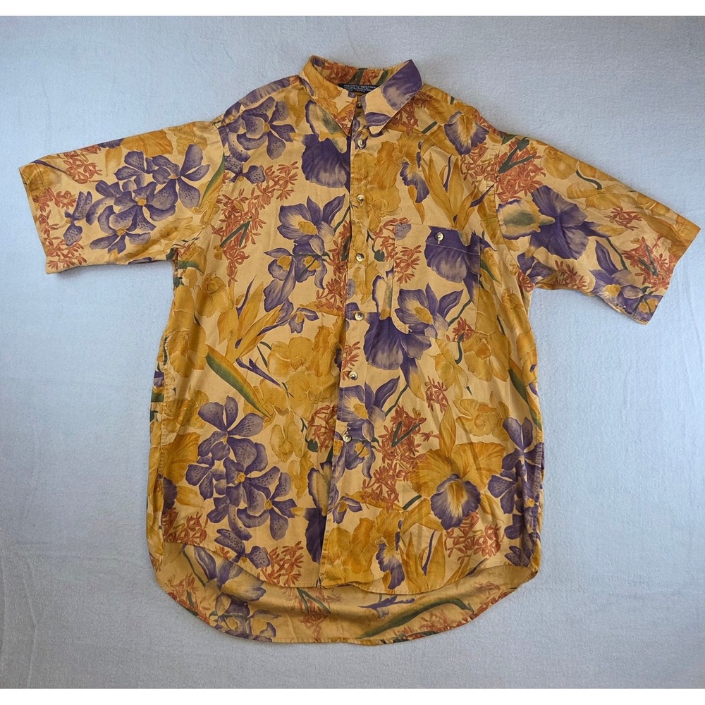 Vintage Nautica Men's Floral Button Up Short Sleeve Shirt L Hawaiian Cotton